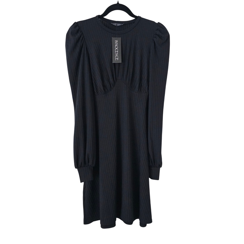 Innocence Black Ribbed Puff Sleeve‎ Empire Waist Mini Dress UK 10 XS S
